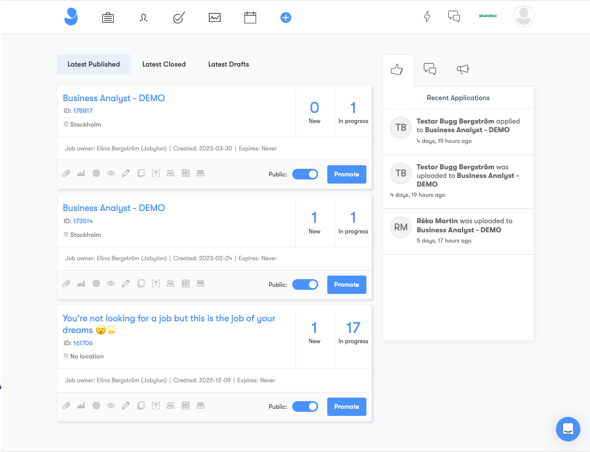 Recruiter dashboard homepage screenshot